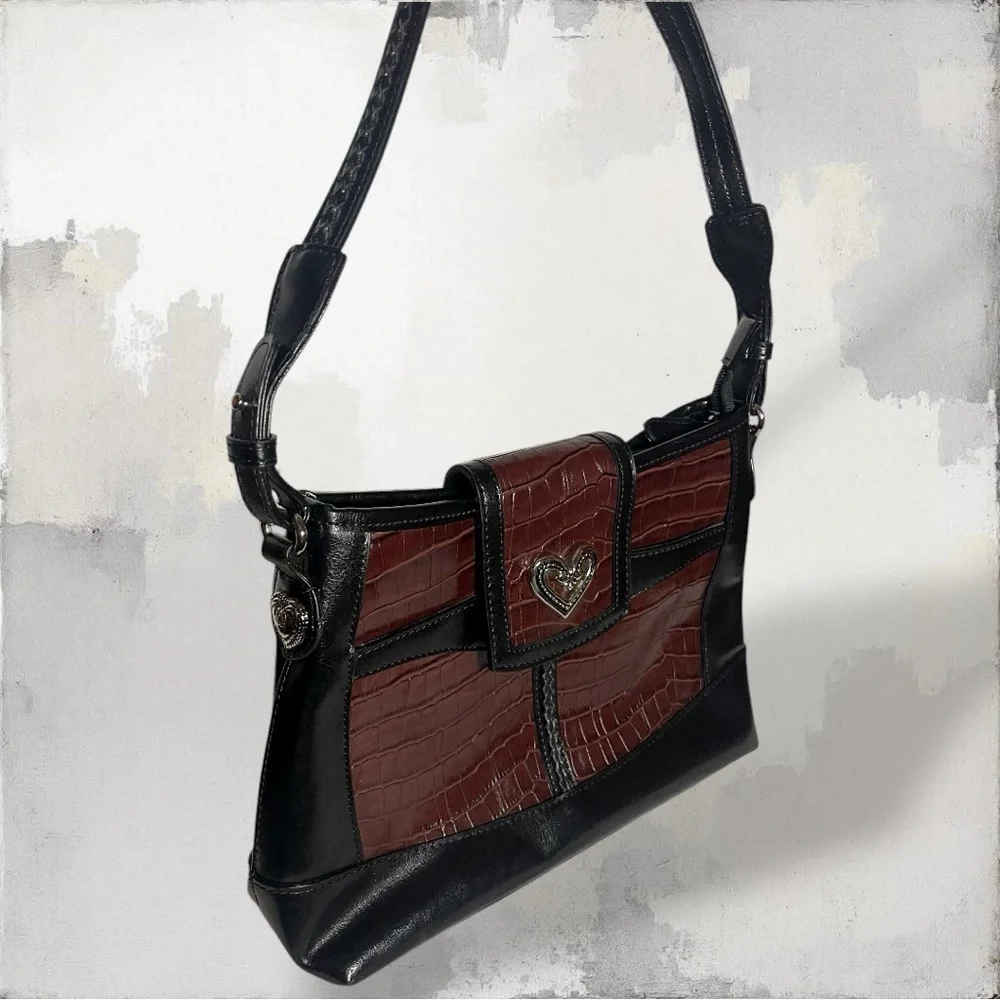 Vintage black and burgundy/red crocodile-embossed leather shoulder bag